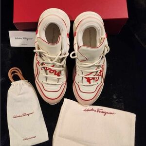 Salvatore Ferragamo Cream and Red Sneakers